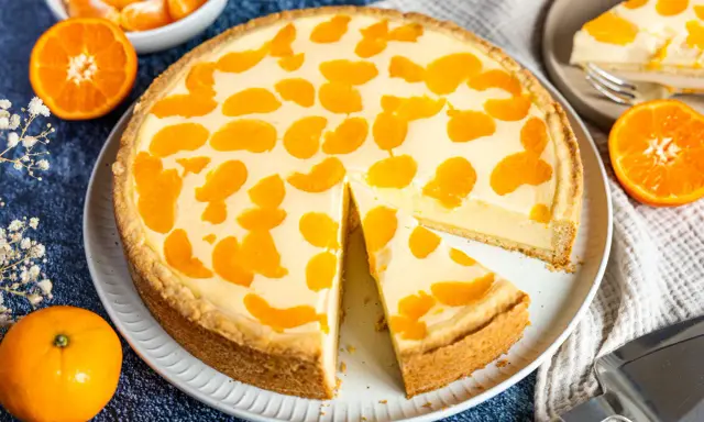 Ein saftiger faule weiber kuchen mit Mandarinenstücken, der zum Genießen einlädt.