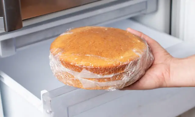 Hand nimmt einen in Frischhaltefolie eingewickelten Kuchen aus dem Kühlschrank, um ihn aufzutauen.