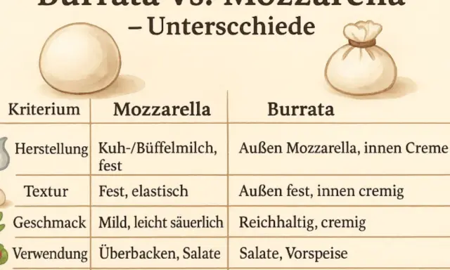 Vergleichstabelle: Was ist Burrata? Außen Mozzarella, innen cremig, reichhaltig und frisch genießen.