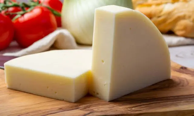 Zwei Keile hellgelben Käses, eine tolle provolone Alternative, liegen auf einem Holzbrett. Tomaten und Fenchel im Hintergrund.