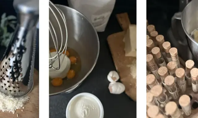 Zutaten für ein Gnudi Rezept: Parmesan, Eier, Ricotta und Gewürze.