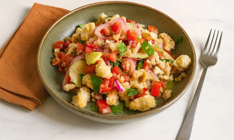 Bunter Panzanella Salat mit Tomaten, Gurken, roten Zwiebeln und knusprigem Brot in einer grünen Schüssel.