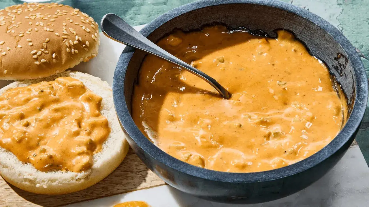 Cremige, orangefarbene Big Mac Sauce in einer Schüssel und auf einem Burgerbrötchen. Ein Löffel liegt in der Schüssel.