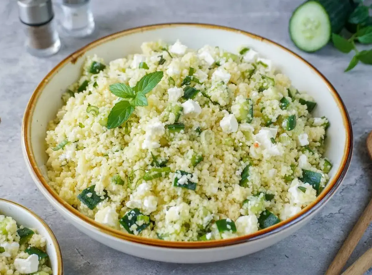 Erfrischender Couscous Salat mit Feta, Gurken und Minze, garniert mit frischen Kr&auml;utern. Perfekt f&uuml;r hei&szlig;e Tage.