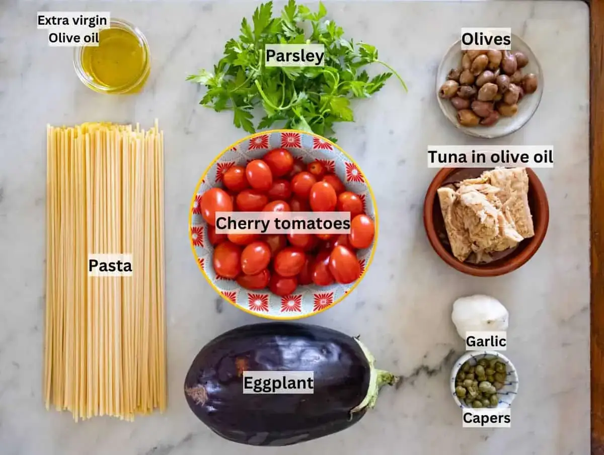 Zutaten f&uuml;r ein italienisches Gericht: Spaghetti, Kirschtomaten, Thunfisch in Oliven&ouml;l, Aubergine, Knoblauch, Kapern, Oliven, Petersilie und Oliven&ouml;l.