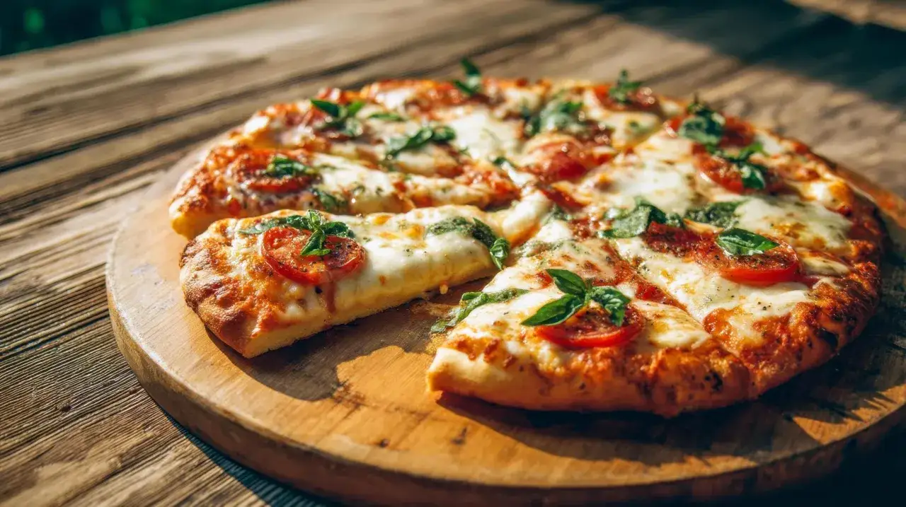 Eine k&ouml;stliche Pizza mit geschmolzenem K&auml;se und saftigen Tomaten, garniert mit frischem Basilikum.