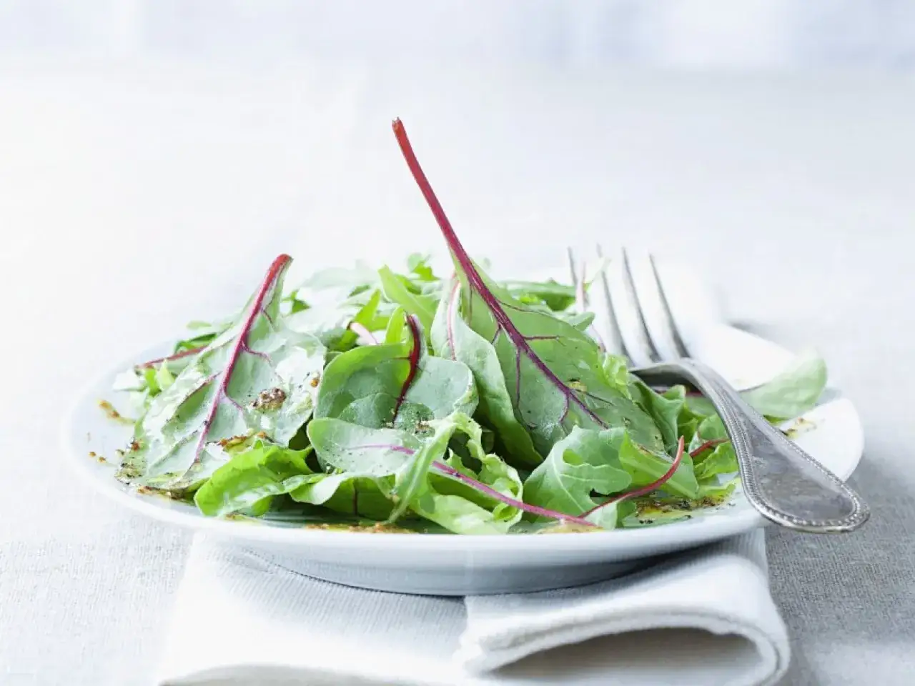 Frischer Mangoldsalat mit roten Stielen, betr&auml;ufelt mit Dressing, auf einem Teller mit einer Gabel.