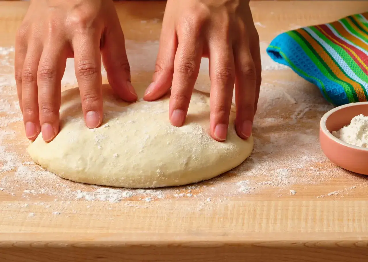 H&auml;nde kneten Teig aus Mehl Typ 00 auf einem Holzbrett. Ein bunter K&uuml;chentuch und eine Sch&uuml;ssel mit Mehl liegen daneben.