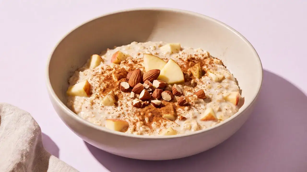 Cremiger Porridge mit Apfelstücken, Mandeln und Zimt – ein einfaches Porridge Rezept für einen gesunden Start in den Tag.