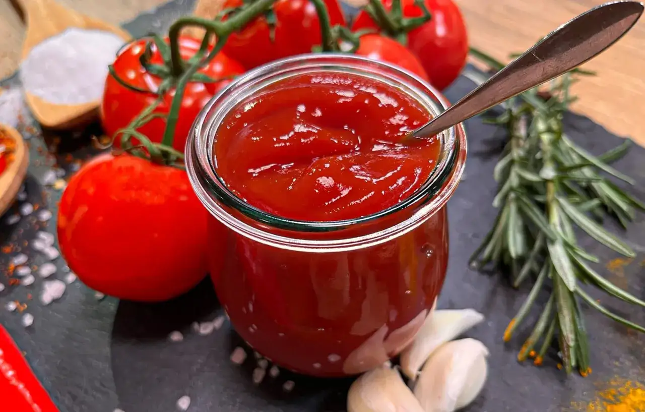Frisches, selbstgemachtes Ketchup in einem Glas, umgeben von Tomaten, Knoblauch, Rosmarin und Gewürzen. So einfach ist es, Ketchup selber machen!