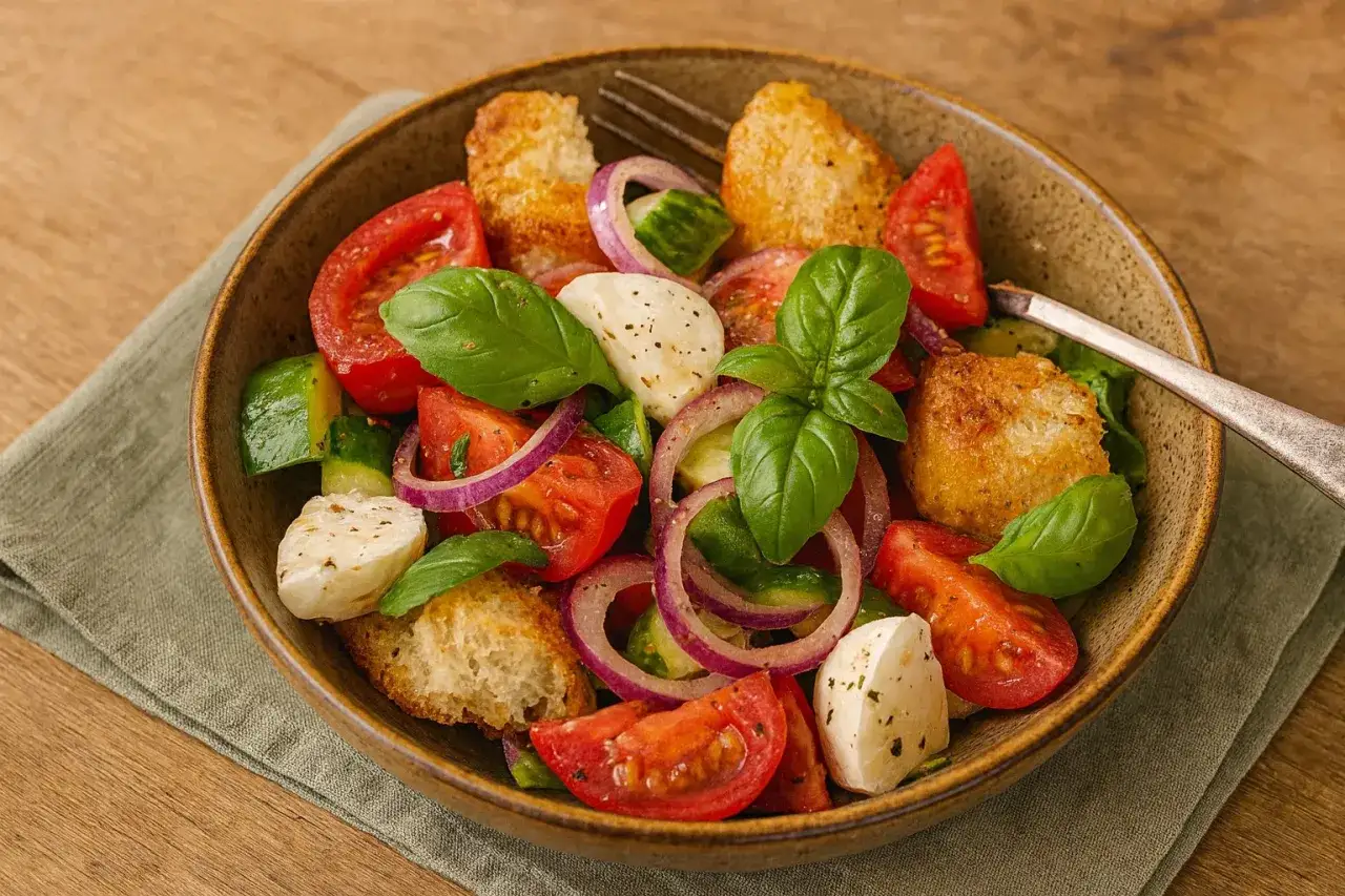 Frischer Panzanella Salat mit Tomaten, Gurken, Mozzarella, roten Zwiebeln und geröstetem Brot. Ein köstliches Rezept für den Sommer.
