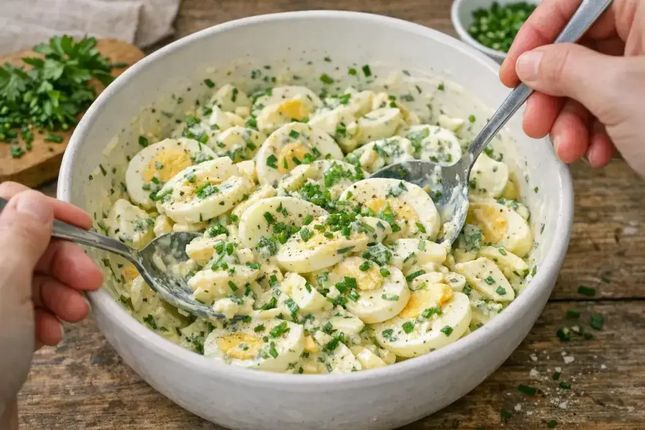 Cremiger Eiersalat mit frischen Kräutern, perfekt für ein schnelles Mittagessen. Dieses Rezept ist ein Klassiker!
