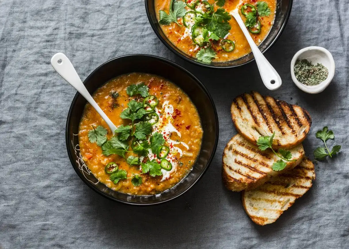 Zwei Sch&uuml;sseln mit cremiger Linsensuppe, garniert mit Koriander und Jalape&ntilde;os, daneben ger&ouml;stetes Brot. Perfekte Linsen Rezepte f&uuml;r kalte Tage.