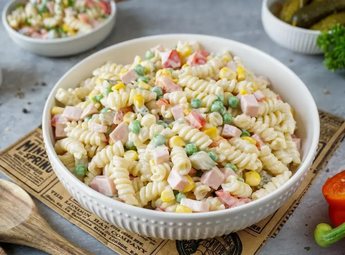 Ein cremiger Nudelsalat mit Spiralnudeln, Erbsen, Mais und Schinkenwürfeln – der beste Nudelsalat für jede Gelegenheit.