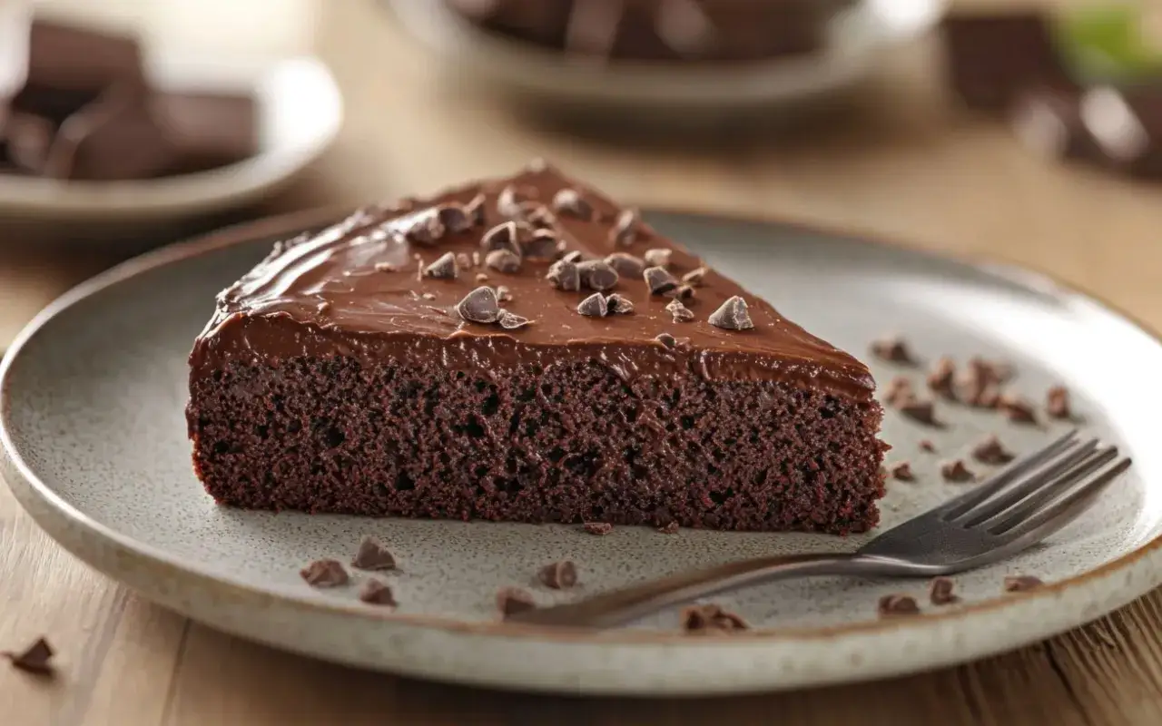 Ein saftiges St&uuml;ck Nutella Kuchen mit Schokoladenglasur und Schokost&uuml;ckchen auf einem Teller, daneben eine Gabel.