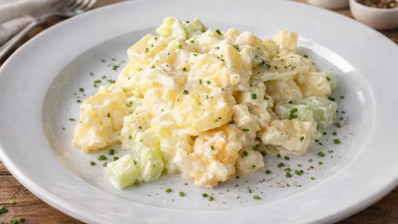 Cremiger Kartoffelsalat mit Selleriewürfeln, garniert mit Schnittlauch und Pfeffer. Ein köstlicher Salat, der perfekt zu jedem Anlass passt.