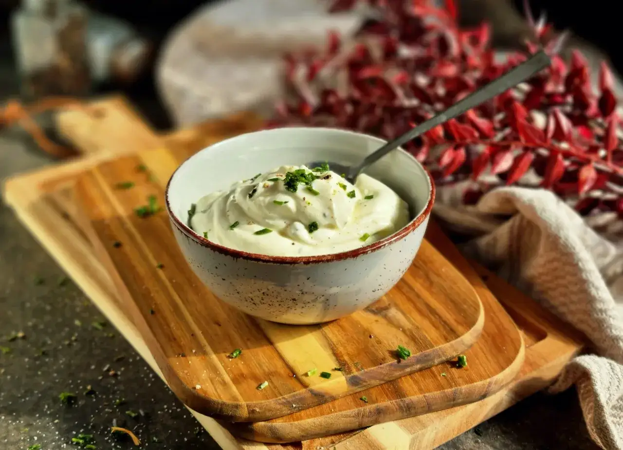 Cremige Sour Cream mit frischen Kr&auml;utern in einer Schale, serviert auf Holzbrettern, mit roten Bl&auml;ttern im Hintergrund.