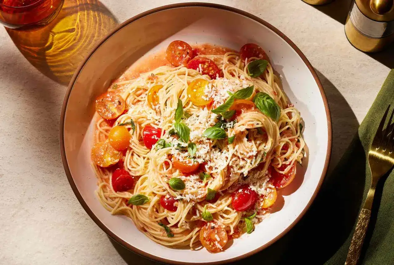 Ein Teller mit italienischen Nudeln, garniert mit Kirschtomaten, Basilikum und geriebenem K&auml;se.