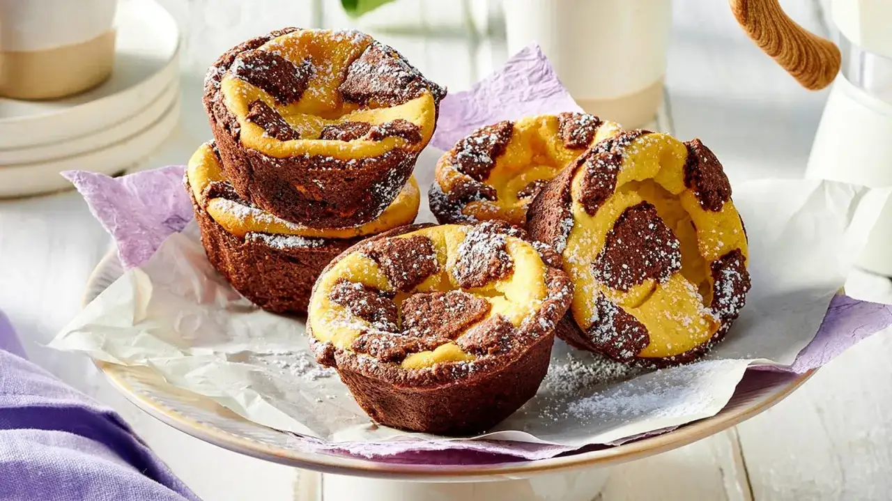Schokoladen-Vanille-Zupfkuchen-Muffins, best&auml;ubt mit Puderzucker, auf einem Teller mit lila Servietten.