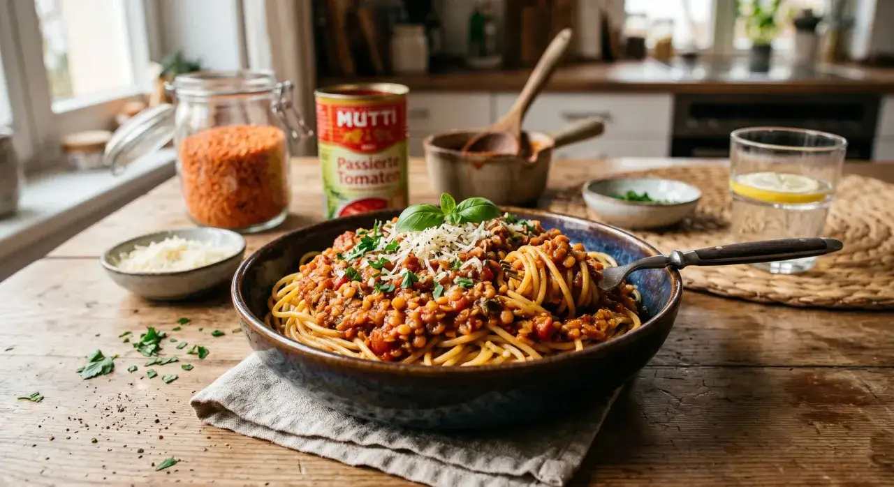 Herzhafte Linsen Bolognese mit Spaghetti, garniert mit Parmesan und Basilikum. Zutaten wie rote Linsen und passierte Tomaten sind sichtbar.