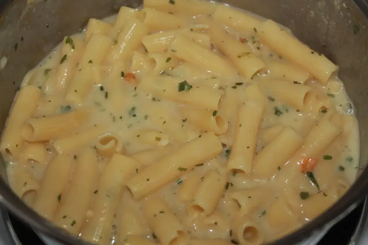 Rigatoni in einer cremigen Sauce mit Kr&auml;utern, ein k&ouml;stliches Ragu Bianco.