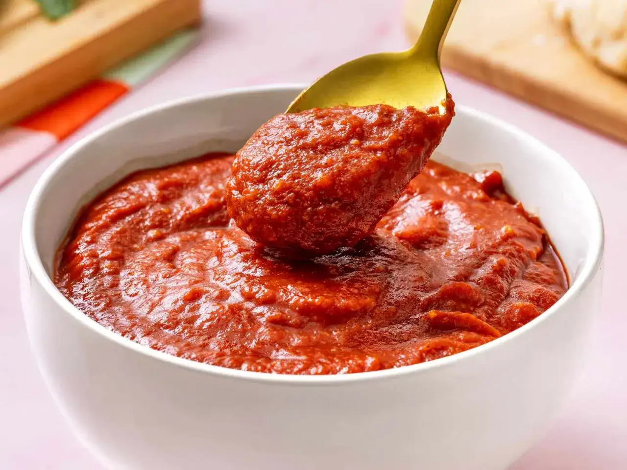 Ein Löffel goldener Pizzasauce, bereit für das perfekte Pizzasauce rezept.