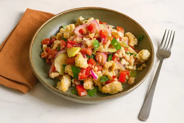 Bunter Panzanella Salat mit Tomaten, Gurken, roten Zwiebeln und knusprigem Brot in einer grünen Schüssel.