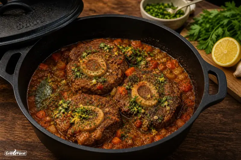 Herzhaftes Ossobuco im Gusseisentopf, ein köstliches Rezept für den Backofen. Mit Karotten und Kräutern verfeinert.